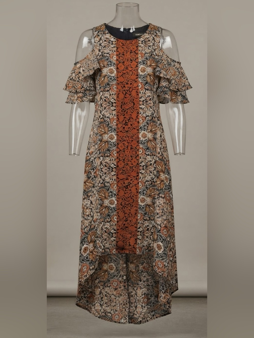 Karen Kane Cold-Shoulder Floral Maxi Dress with Rust Panel